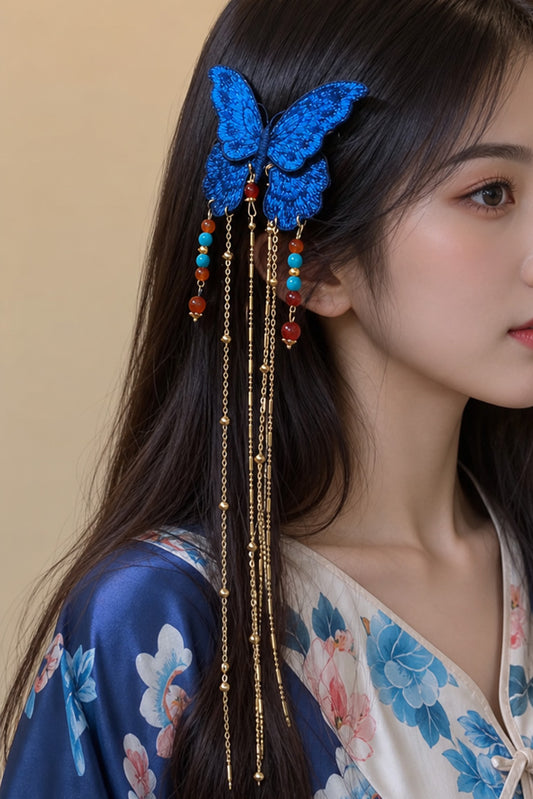 Barrette à cheveux - Papillon bleu brodé à longs pendentifs - HanWen Shop