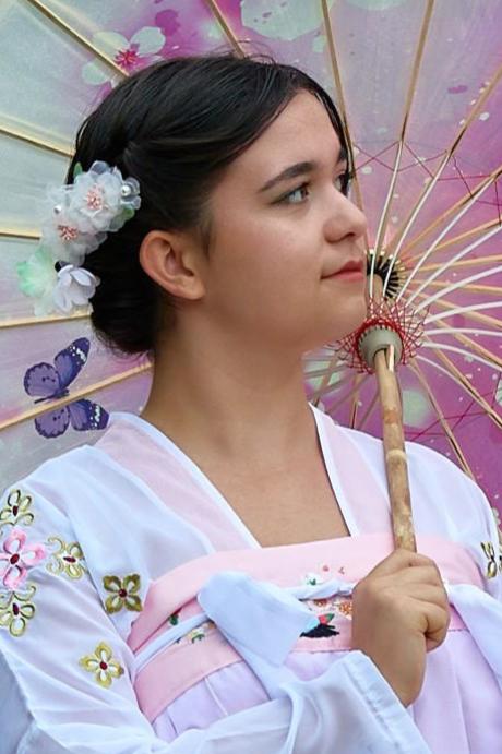 Coffret fleurs en soie - rose, jaune, violette : 1 épingle à cheveux en bois, 2 barrettes à cheveux et 1 carte postale - HanWen Shop