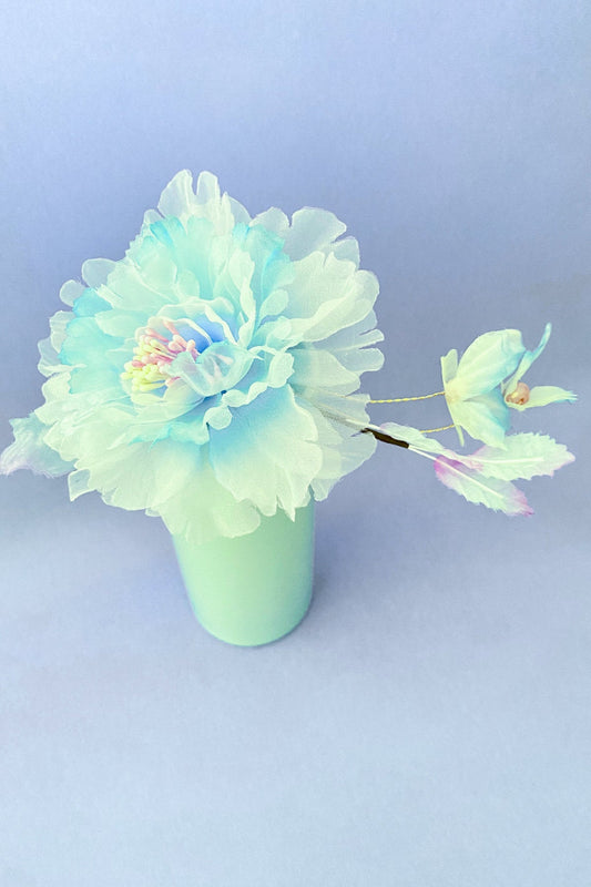 Coffret fleurs en soie - rose et bleu : 1 épingle à cheveux en bois, 2 barrettes à cheveux et 1 carte postale - HanWen Shop