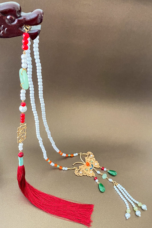 Collier de la dynastie Ming 明 - Papillon avec Pompon rouge - HanWen Shop