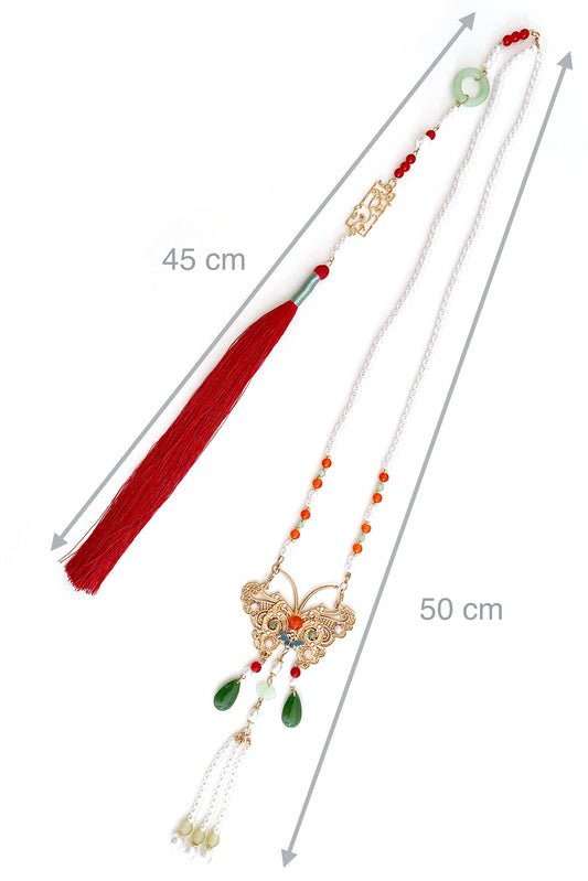 Collier de la dynastie Ming 明 - Papillon avec Pompon rouge - HanWen Shop