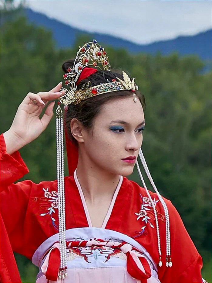 Couronne royale chinoise - Phénix doré avec pendentif de perles - HanWen Shop