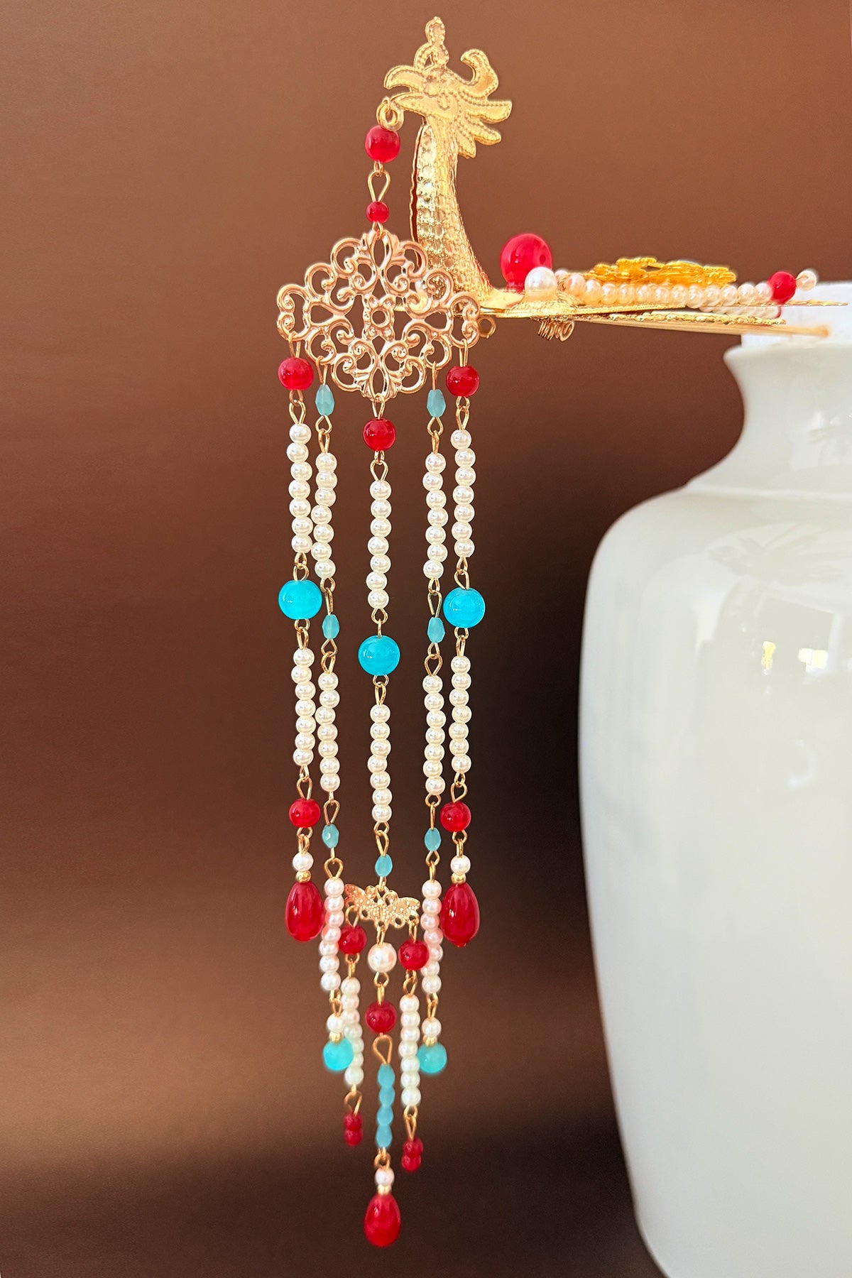 Couronne royale chinoise - Phénix doré avec pendentif de perles - HanWen Shop