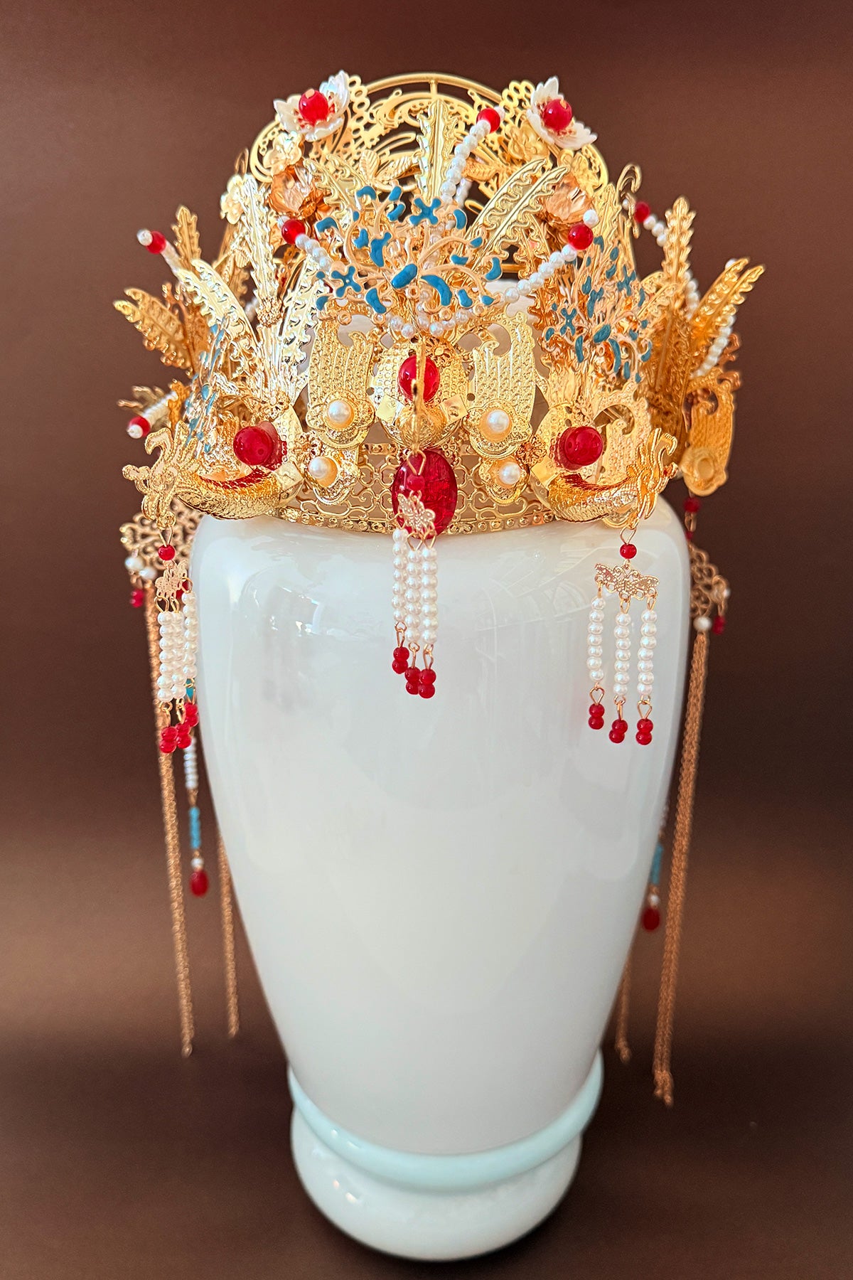 Couronne royale chinoise - Phénix doré avec pendentif de perles - HanWen Shop