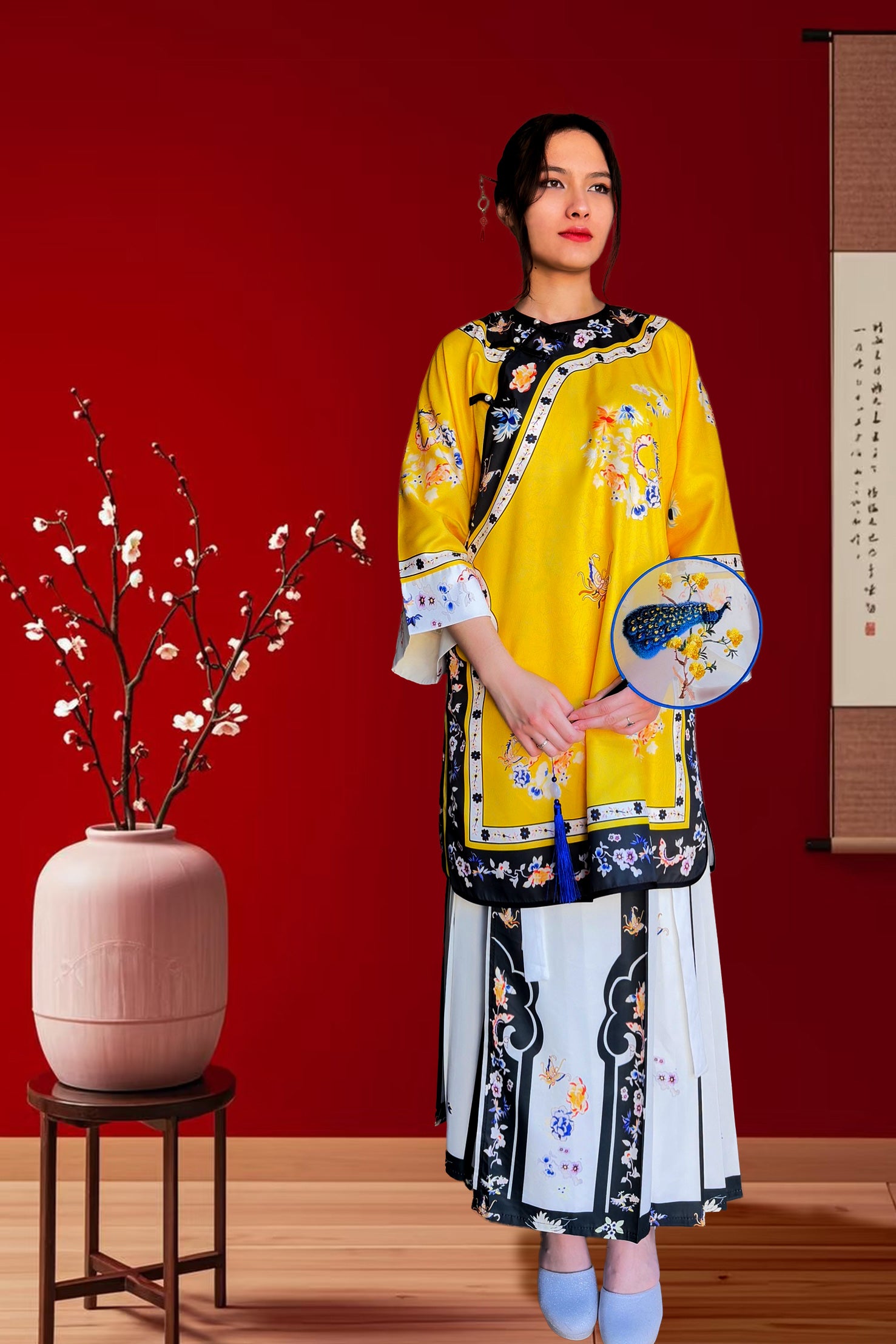 Ensemble Hanfu de la dynastie Qing 清 - princesses Manchu en jaune - HanWen Shop