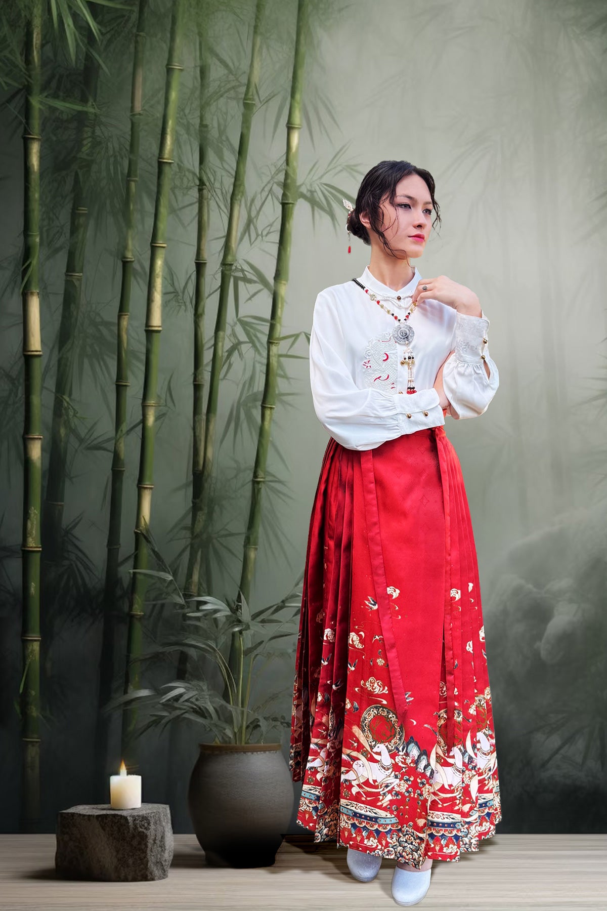 Jupe Hanfu "MaMian Qun" de la dynastie Ming 明 - Brodés dorés du cerf sacré