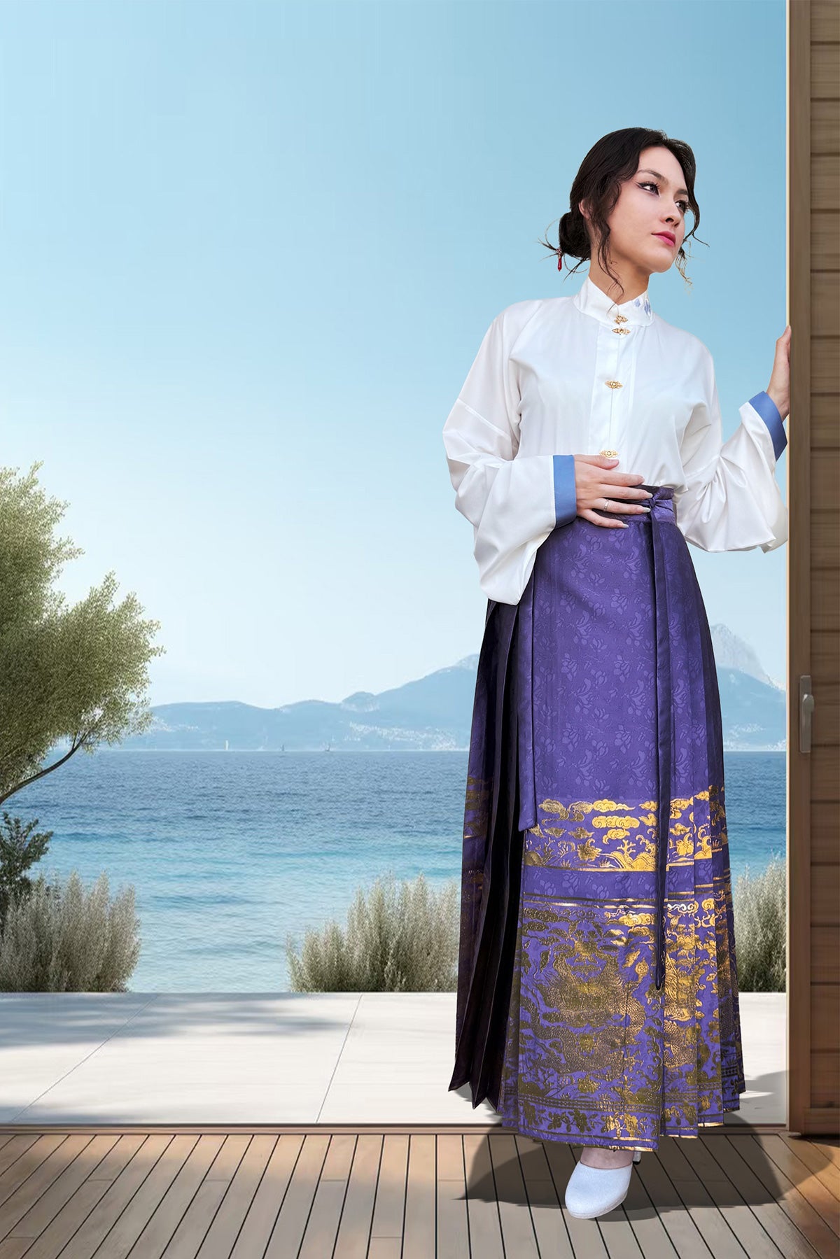 Hanfu de la dynastie Ming 明 - Jupe "MaMian Qun" Brodés dorés du dragon