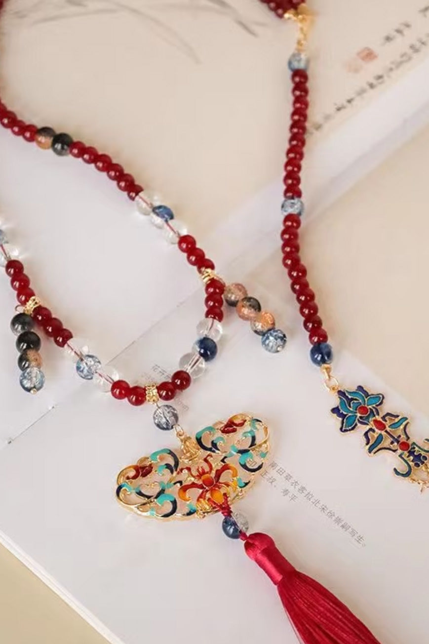 Collier de la dynastie Ming 明 - Avec pendentif dorsal et pompons - HanWen Shop