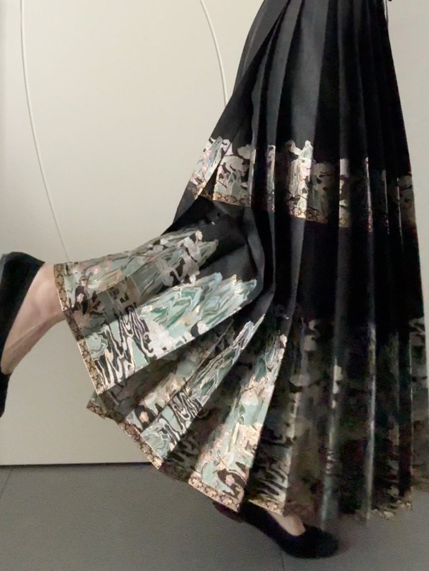 Jupe Hanfu "MaMian Qun" de la dynastie Ming 明 - Paysage des Mille Lieux - HanWen Shop