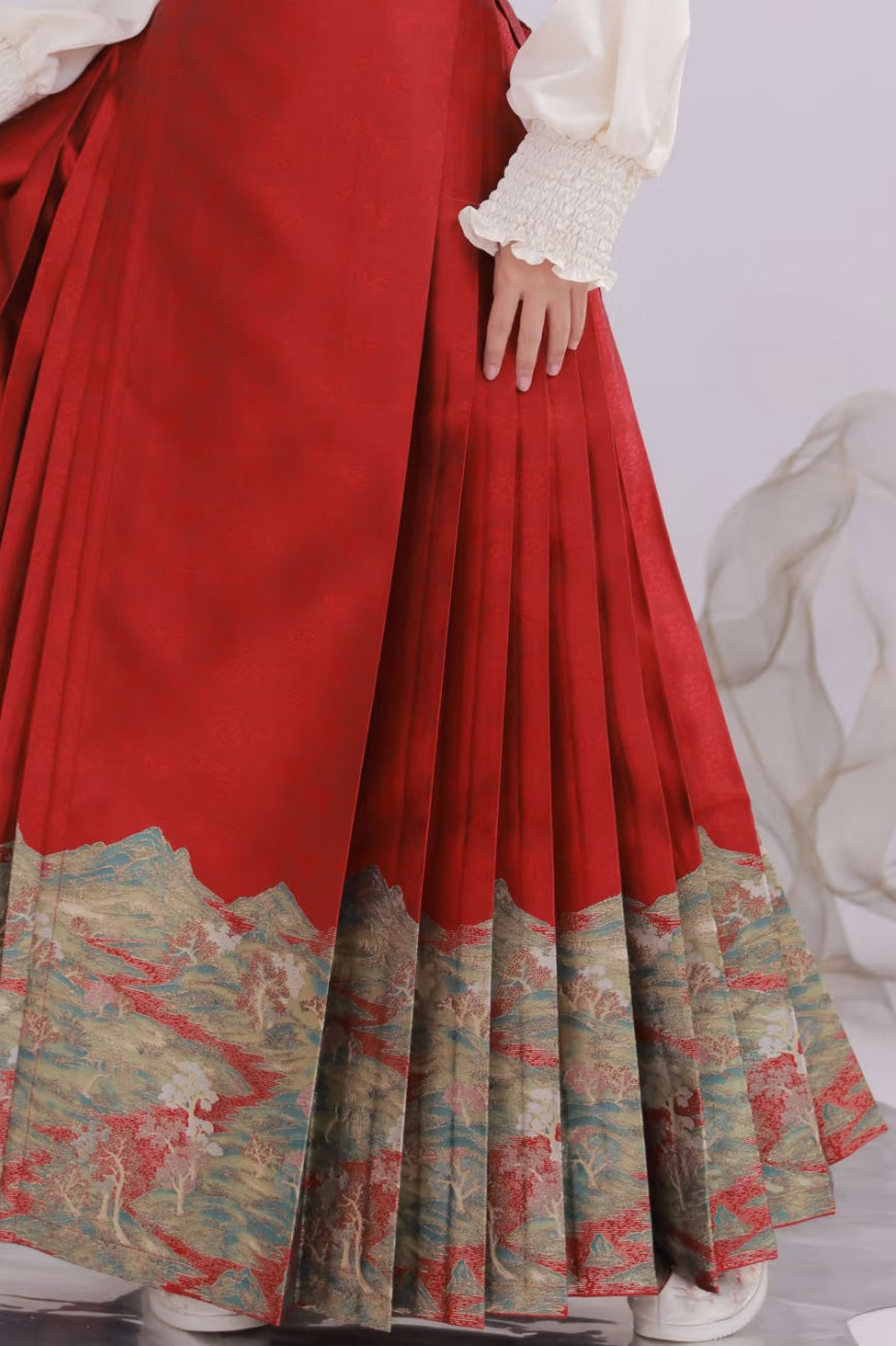 Jupe Hanfu "MaMian Qun" de la dynastie Ming 明 - Paysage des Mille Lieux - HanWen Shop