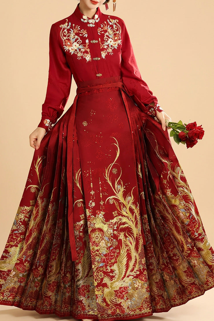 Mamian Qun du Hanfu de la dynastie Ming - Jupe "Noces du Phénix Rouge" - HanWen Shop
