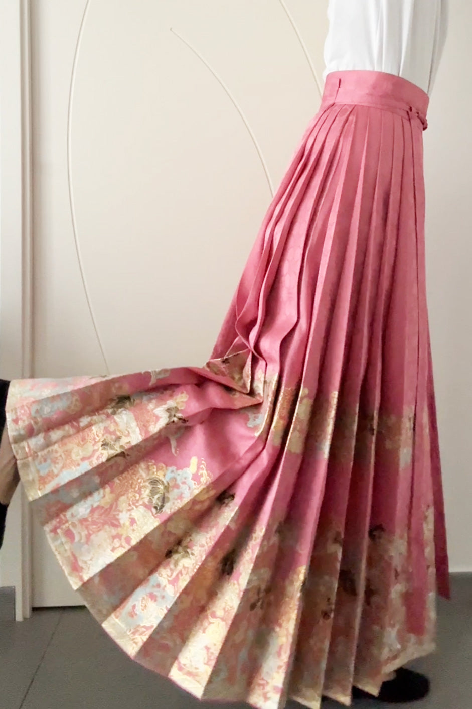 Mamian Qun du Hanfu de la dynastie Ming - Jupe brocart doré poissons rouge - HanWen Shop