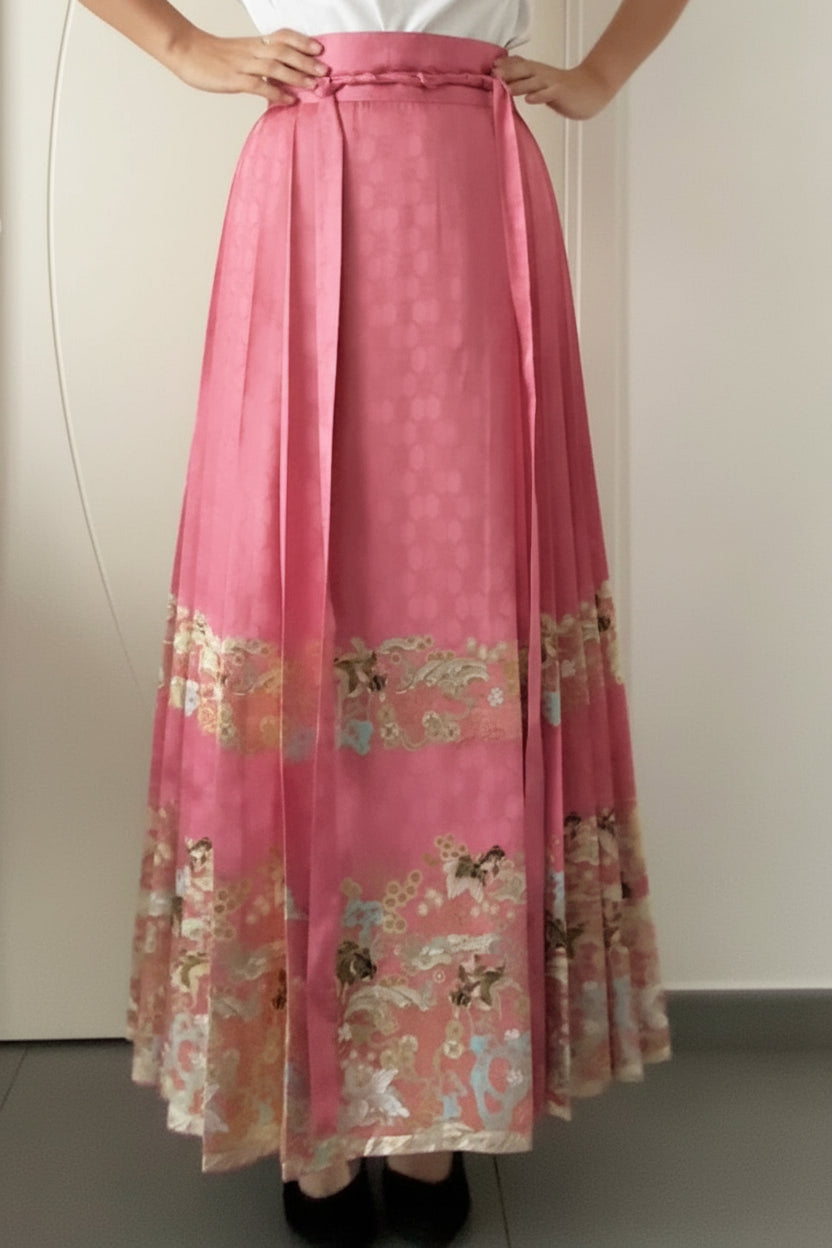 Mamian Qun du Hanfu de la dynastie Ming - Jupe brocart doré poissons rouge - HanWen Shop