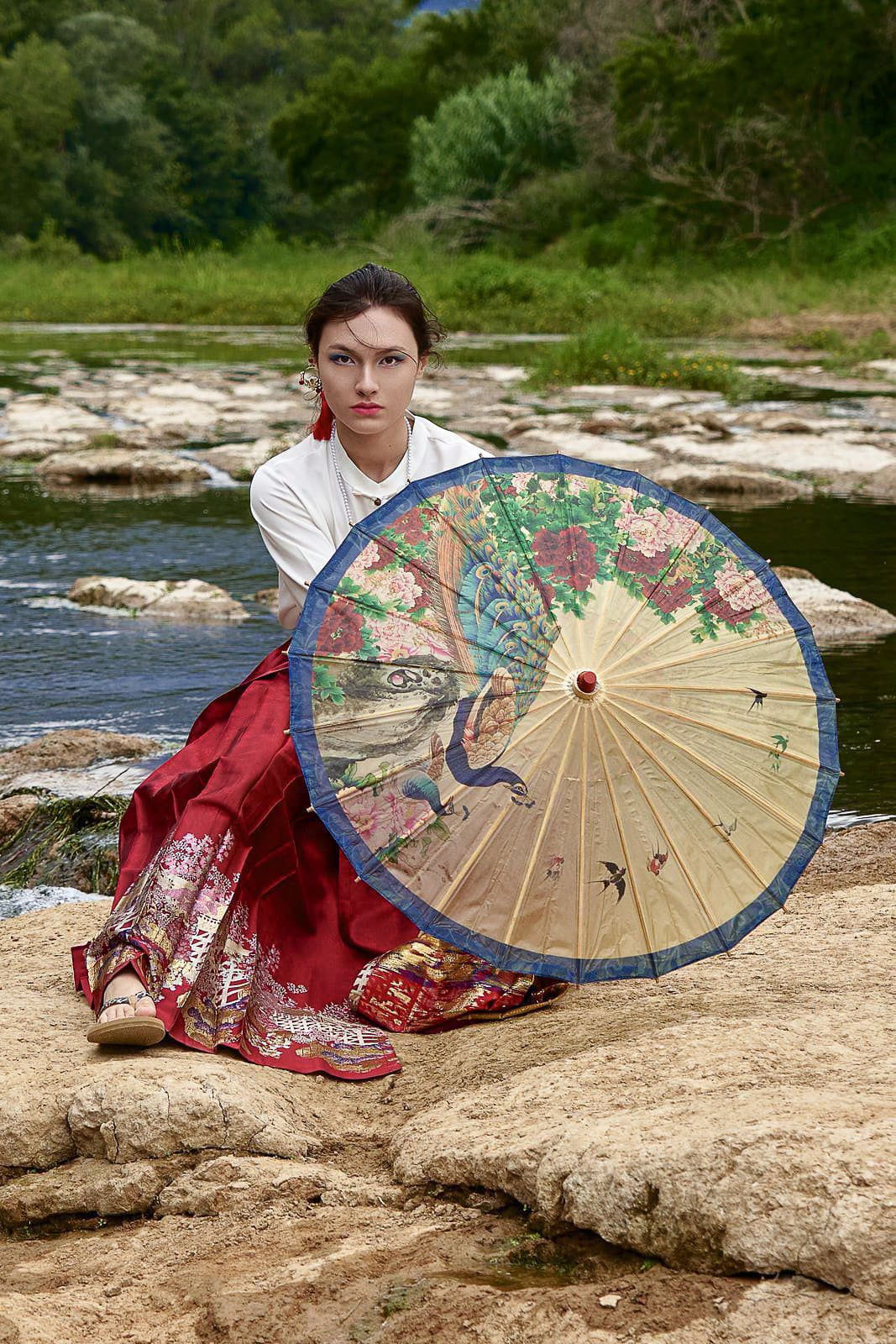 Ombrelle chinoise en papier à l'huile - Pivoine et paon - HanWen Shop