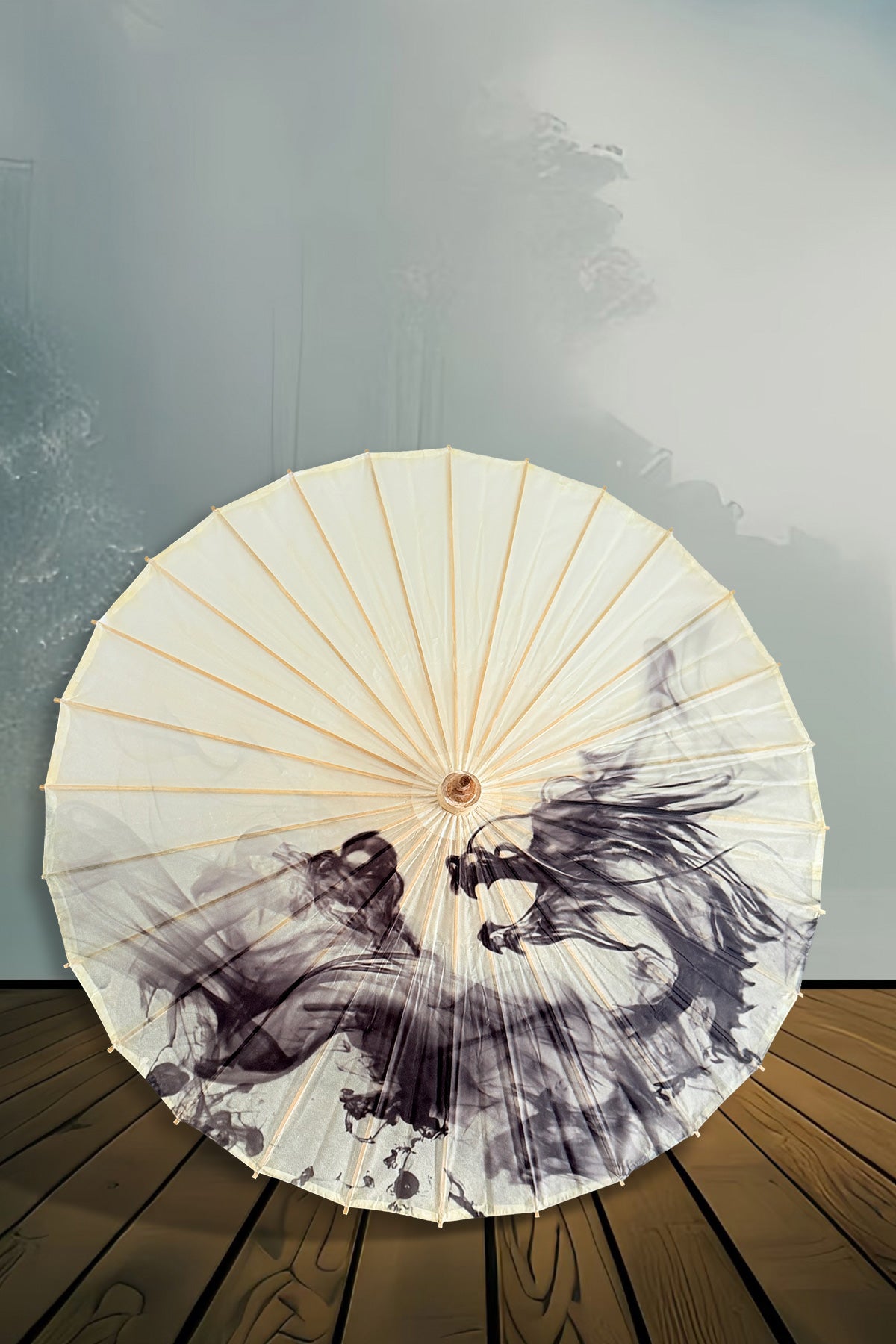 Ombrelle chinoise en papier à l'huile - Dragon à l'encre de Chine