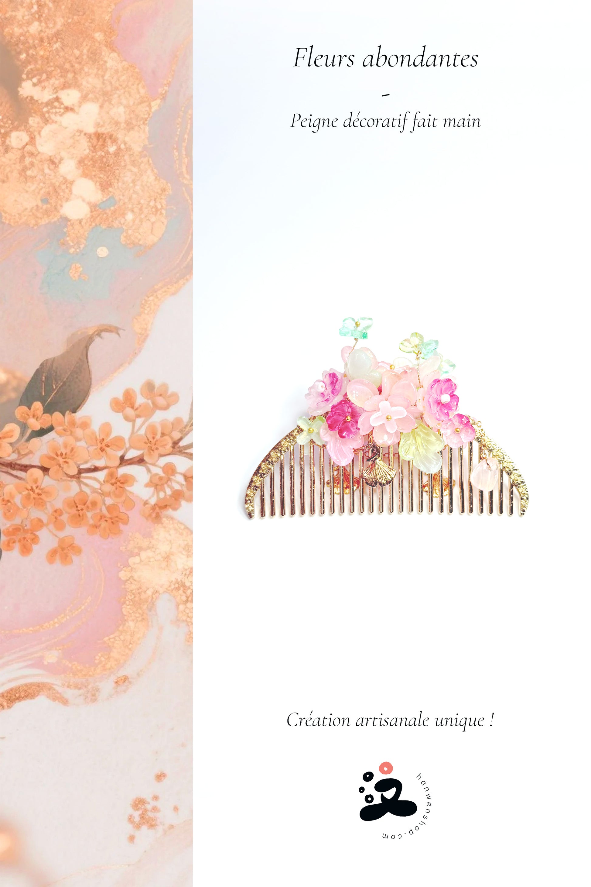 Peigne décoratif fait main - Fleurs abondantes - HanWen Shop