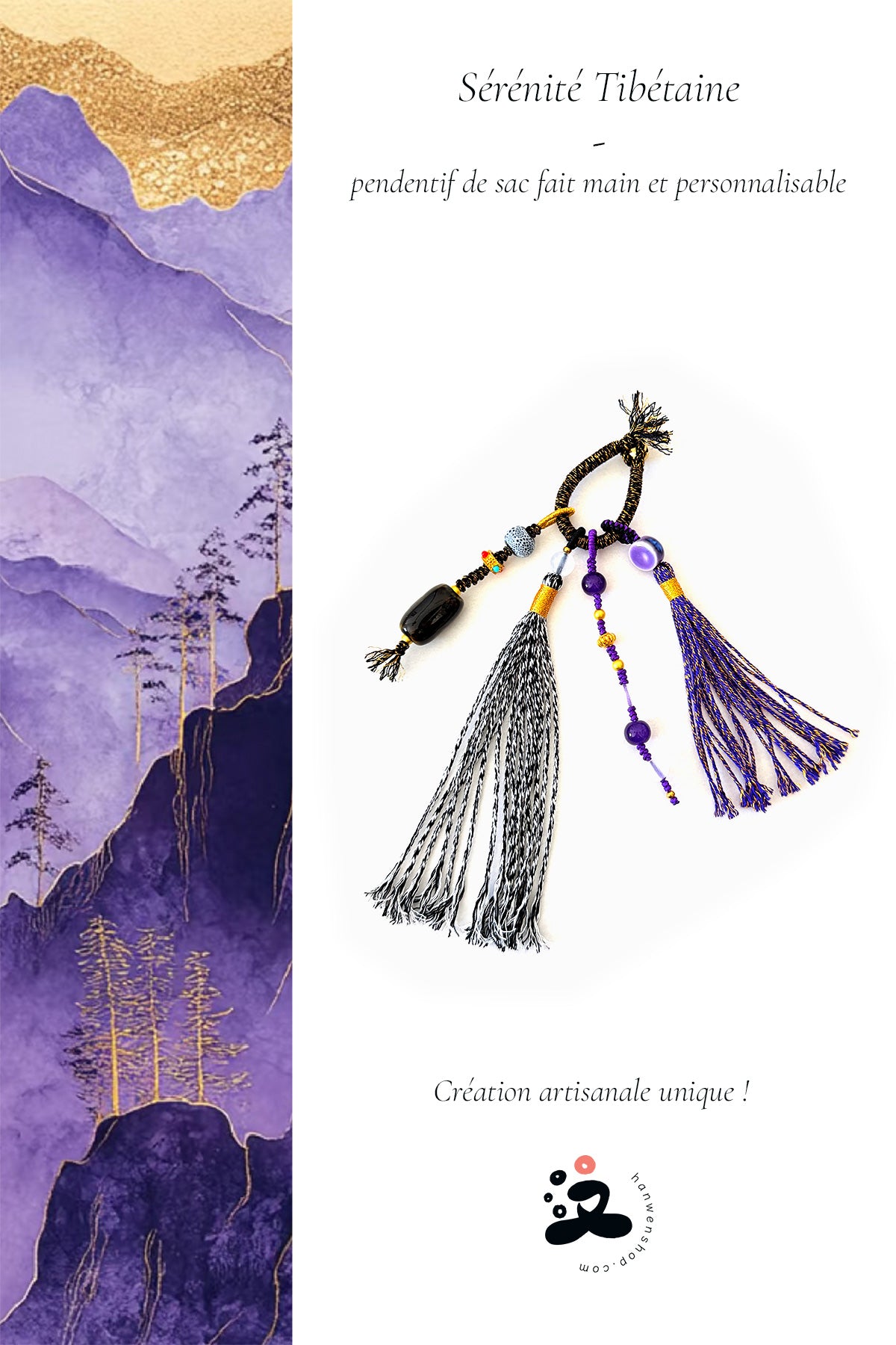 Pendentif de sac avec perles en céramique fait main et personnalisable - "Sérénité Tibétaine" - HanWen Shop
