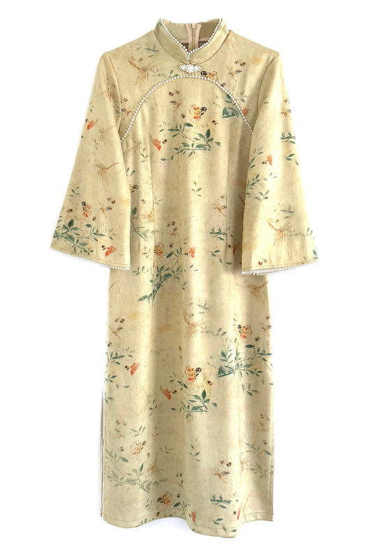 Qipao du hanfu moderne 汉元素 - En suédine jaune - HanWen Shop