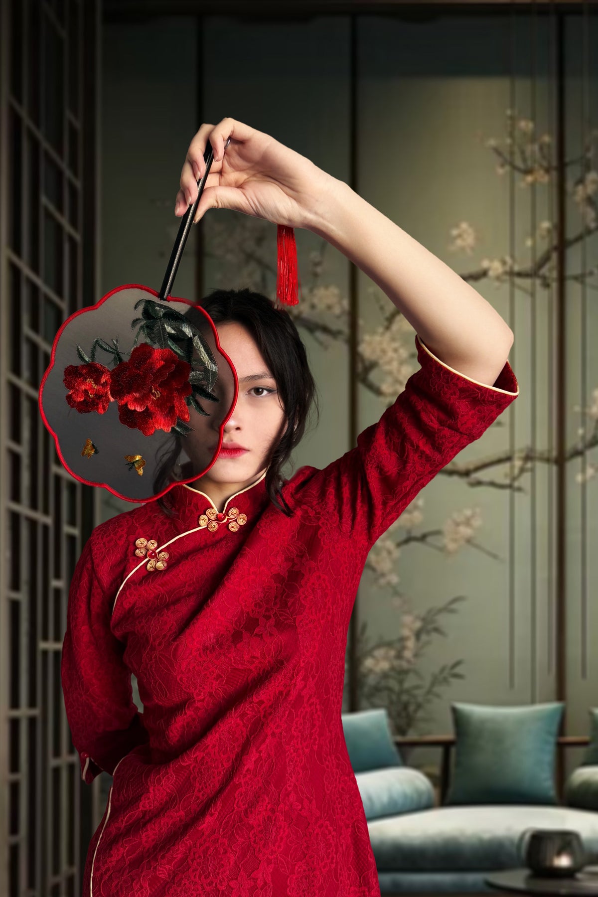 Qipao du hanfu moderne 汉元素 - En dentelle rouge - HanWen Shop