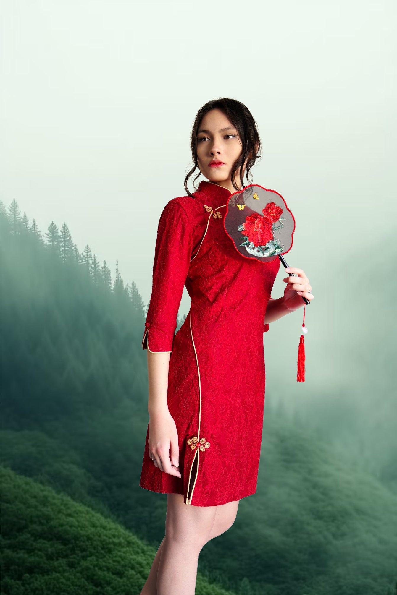 Qipao du hanfu moderne 汉元素 - En dentelle rouge - HanWen Shop