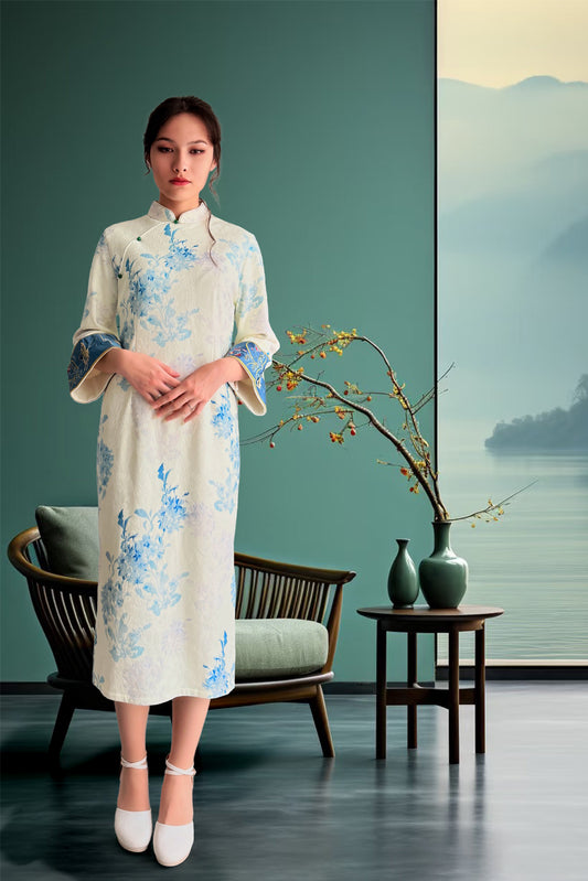 Qipao du hanfu moderne 汉元素 - porcelaine bleu et blanc - HanWen Shop