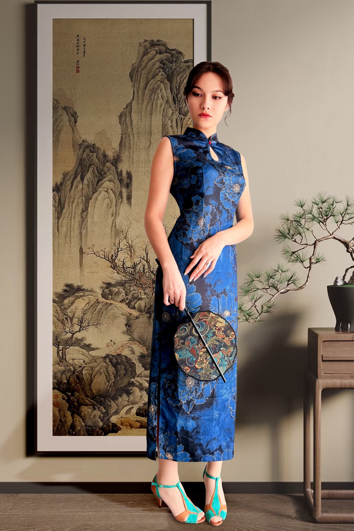 Qipao du hanfu moderne 汉元素 - bleu sans manches - HanWen Shop
