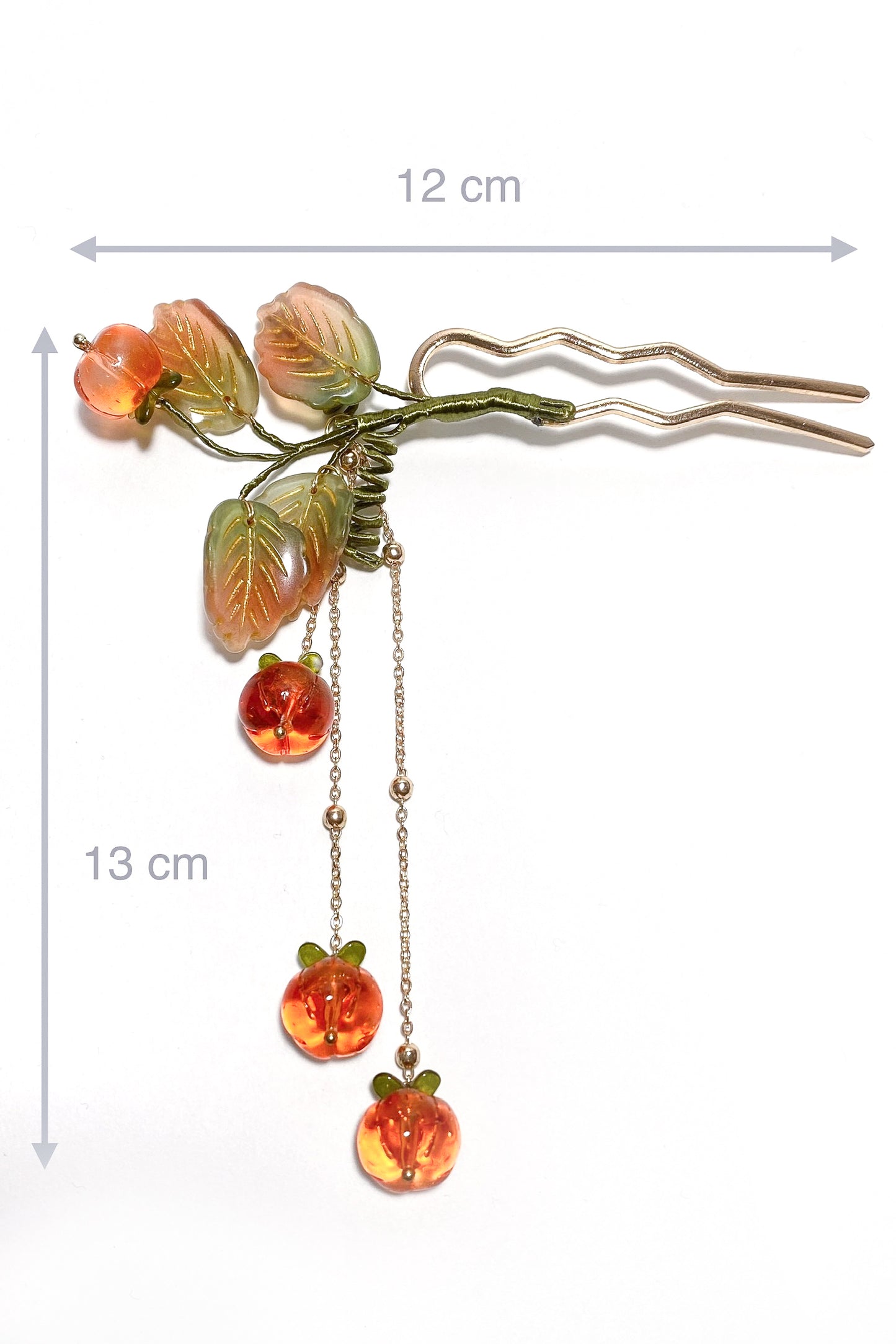 Épingle à cheveux chinoise en ondulée U avec des feuilles et pendentif des fruits de kaki - HanWen Shop