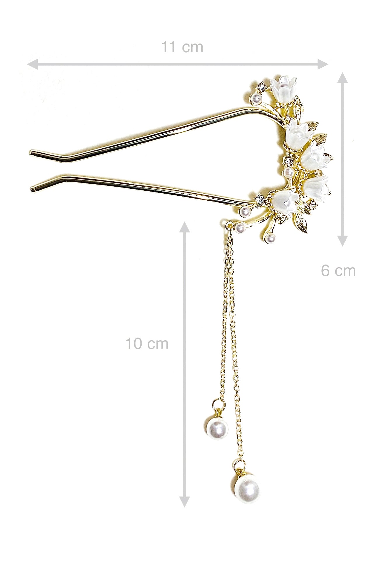 Épingle à cheveux chinoise en forme de U avec fleurs de cloche et pendentif de perles blanches - HanWen Shop