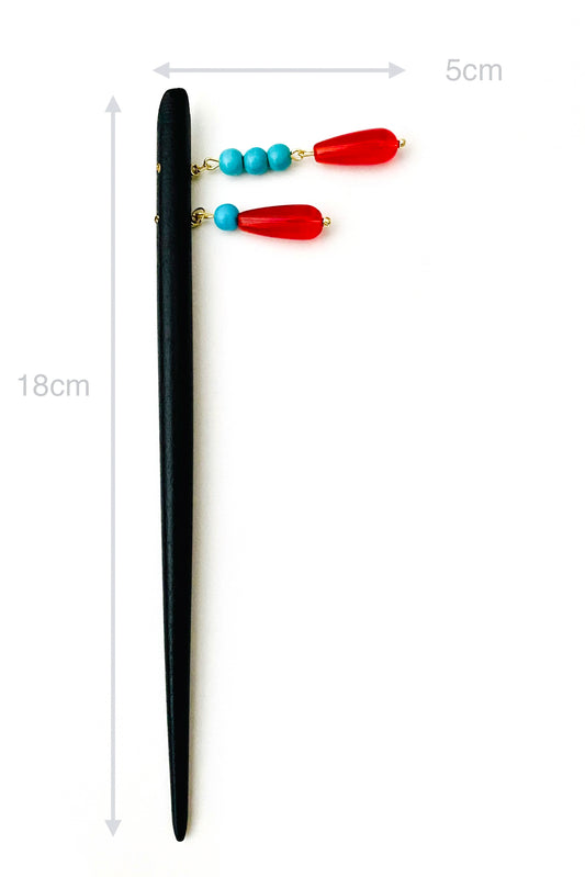Épingle à cheveux en bois - Rouge et bleu - HanWen Shop