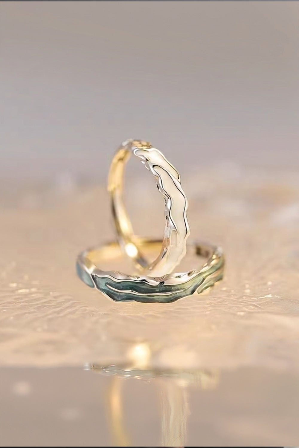 Bagues de Couple en Argent & Émail - Roseaux et Rosée du Matin - HanWen Shop