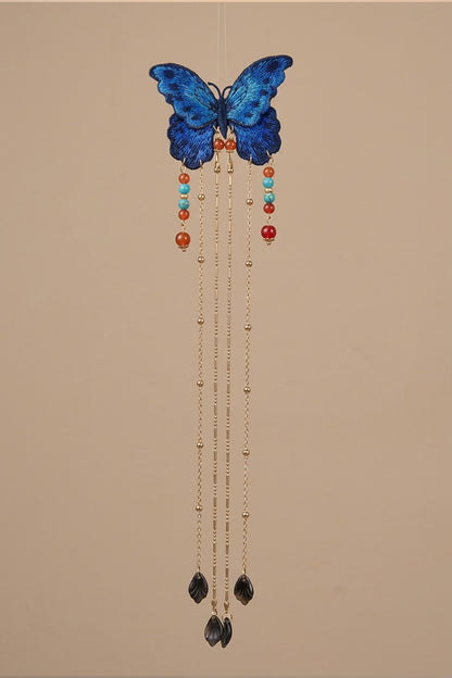 Barrette à cheveux - Papillon bleu brodé à longs pendentifs - HanWen Shop