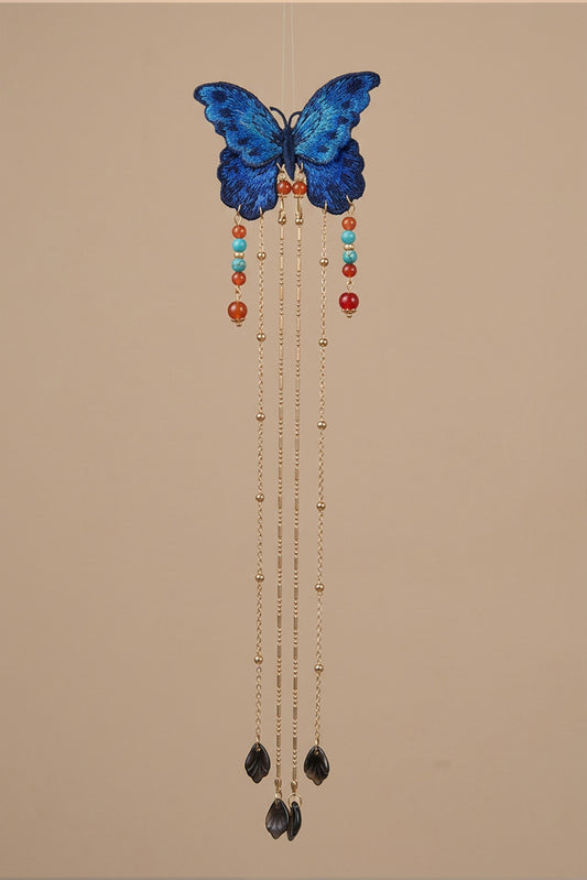 Barrette à cheveux - Papillon bleu brodé à longs pendentifs - HanWen Shop