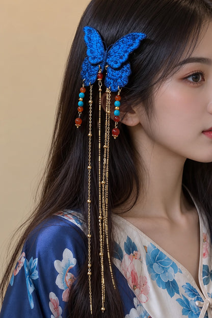 Barrette à cheveux - Papillon bleu brodé à longs pendentifs - HanWen Shop