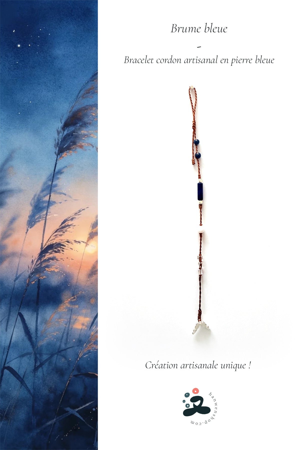 Bracelet cordon artisanal en pierre bleue - Brume bleue - HanWen Shop
