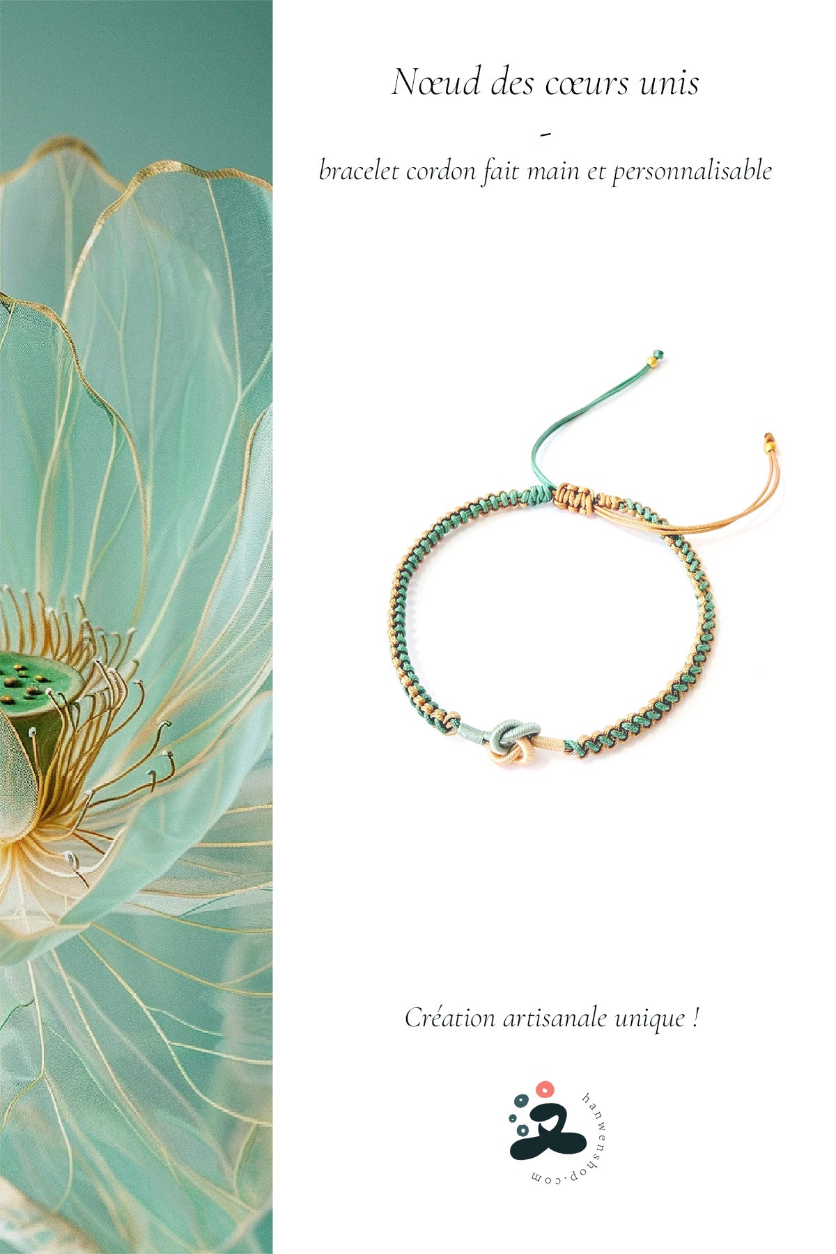 Bracelet cordon personnalisable - Nœud des cœurs unis - HanWen Shop