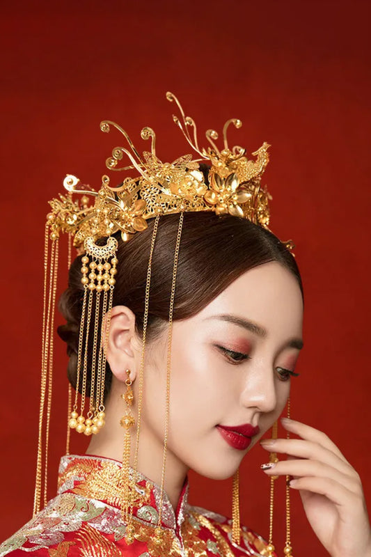 Couronne du Phénix & boucles d'oreilles - Parure de mariée dorée - HanWen Shop