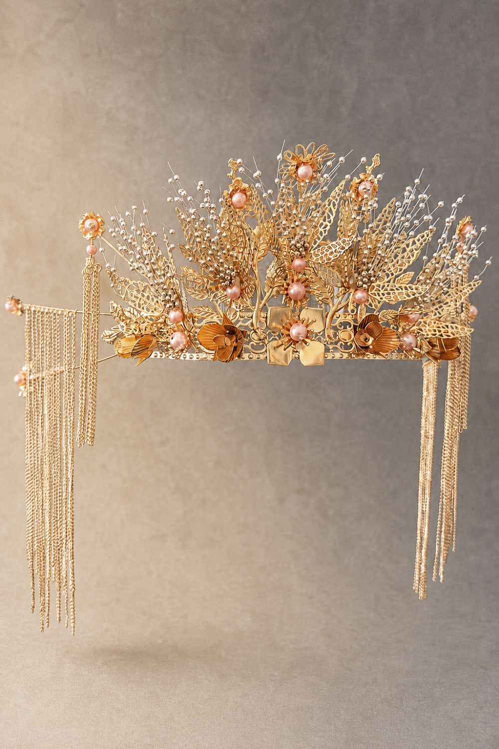 Couronne du Phénix & boucles d'oreilles - Mariée doré rose - HanWen Shop