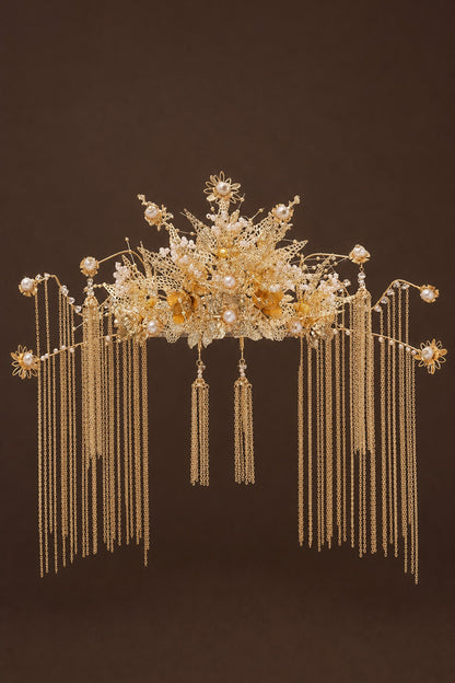 Couronne du Phénix & boucles d'oreilles - Mariée doré rose - HanWen Shop