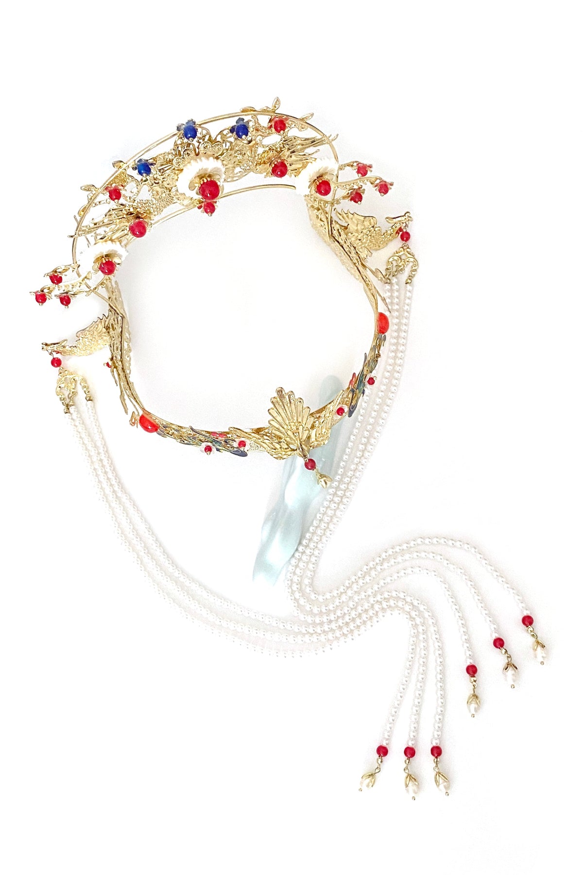 Couronne royale chinoise - Phénix doré avec Pendentif de perles - HanWen Shop