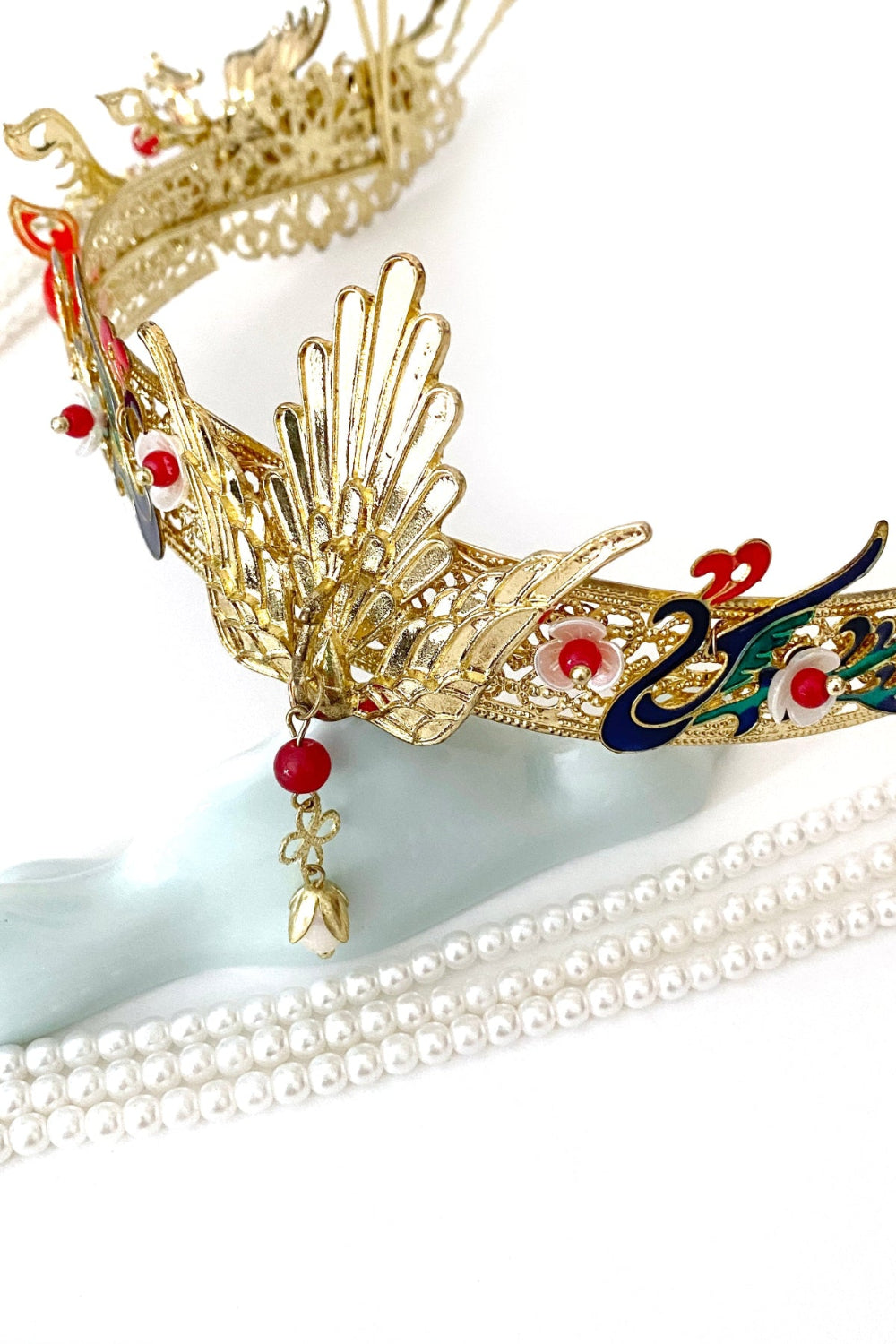 Couronne royale chinoise - Phénix doré avec Pendentif de perles - HanWen Shop