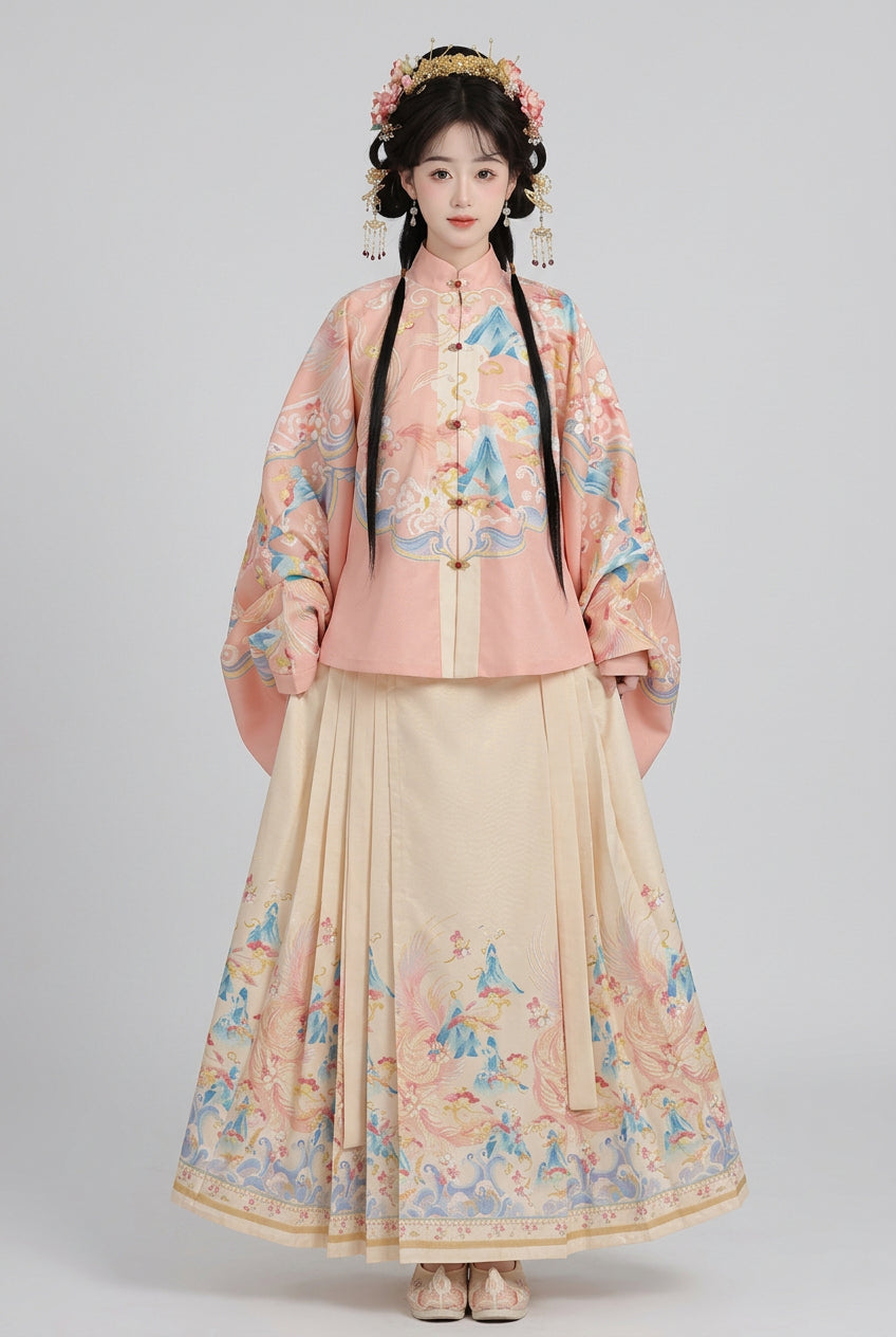 Ensemble Hanfu Style Ming - Fleurs de Pêcher Imprimé - HanWen Shop