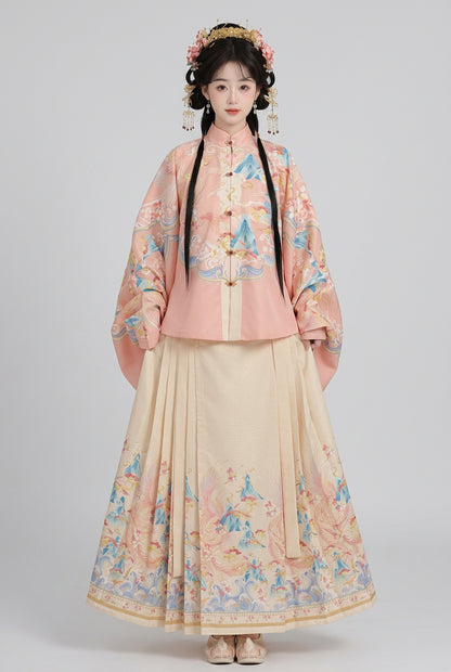 Ensemble Hanfu Style Ming - Fleurs de Pêcher Imprimé - HanWen Shop