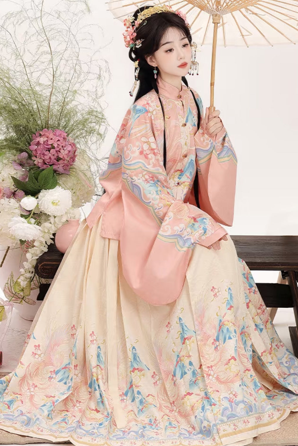 Ensemble Hanfu Style Ming - Fleurs de Pêcher Imprimé - HanWen Shop
