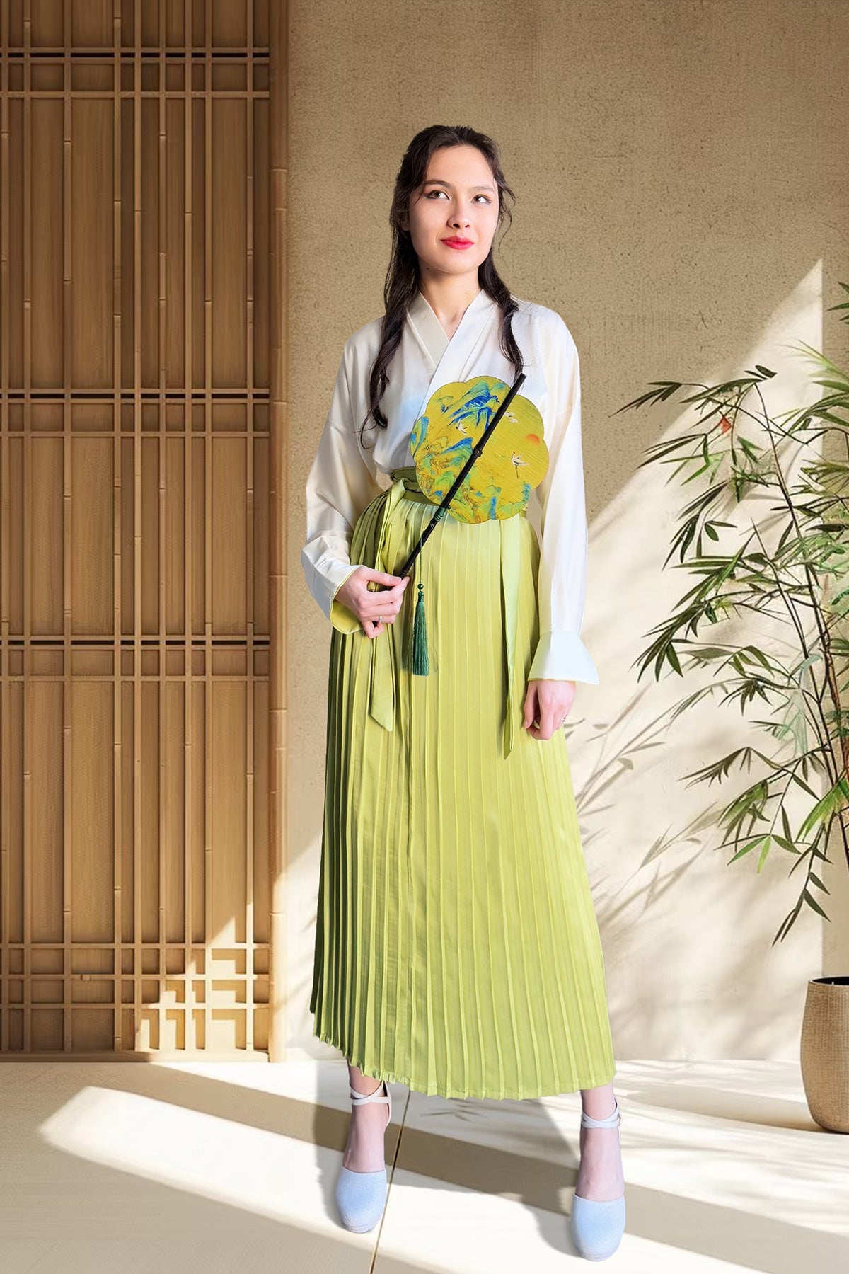 Ensemble Hanfu moderne 汉元素 - Jupe à cent plis (BaiDieQun) kaki