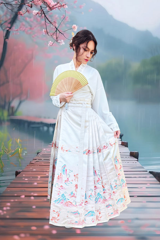 Hanfu de la dynastie Ming 明 - Jupe "MaMian Qun" Brodés dorés du carpe