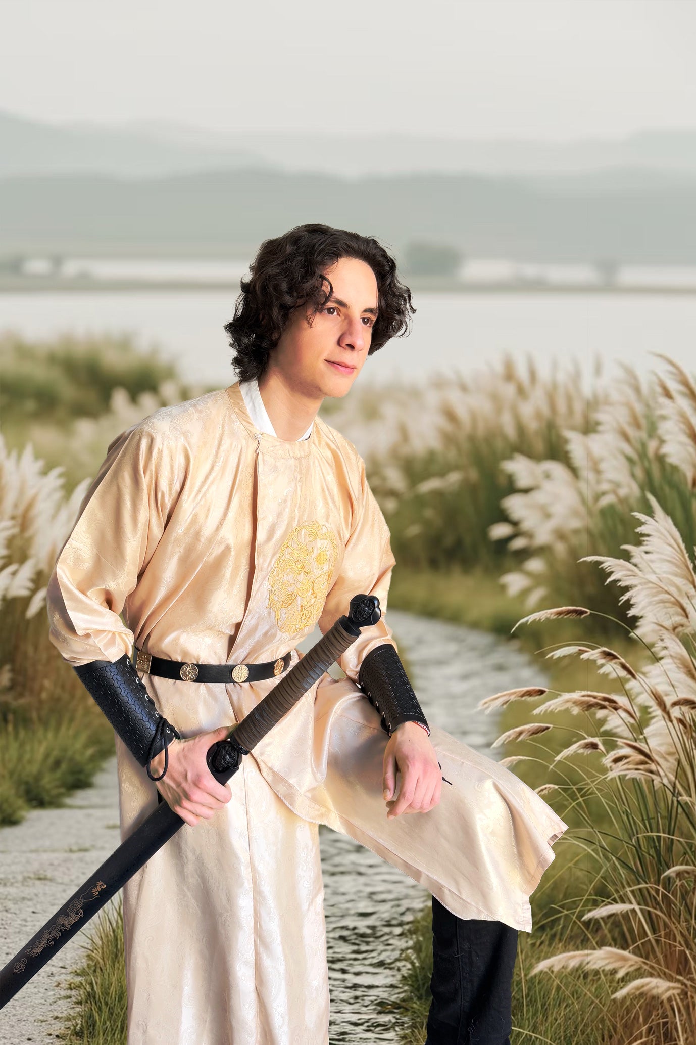 Hanfu de la dynastie Tang 唐 - Robe à col rond jaune claire