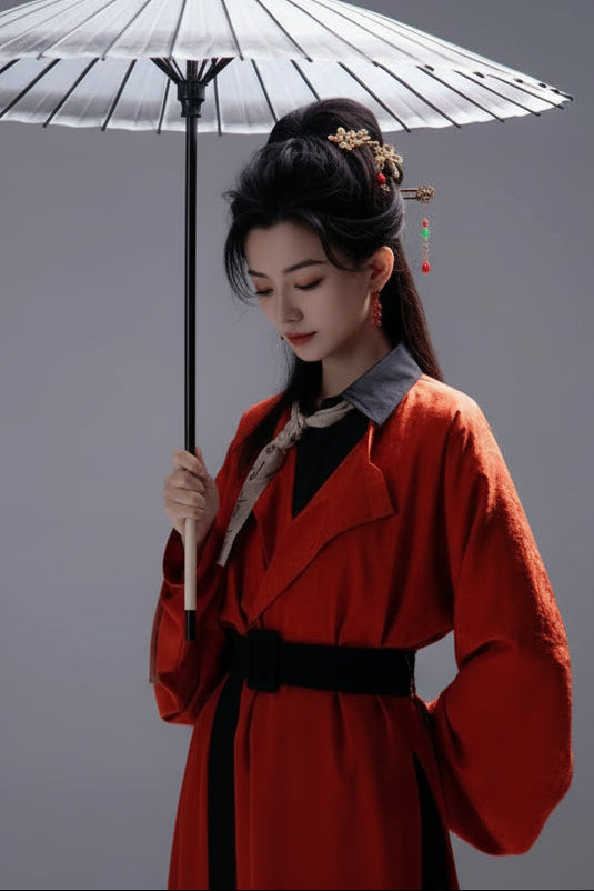 Hanfu de la dynastie Tang 唐 - Robe à col rond rouge - HanWen Shop