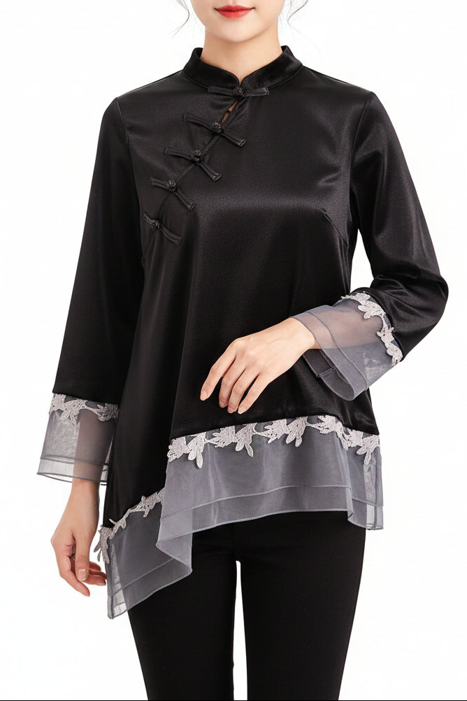 Hanfu moderne - Haut Qipao en Velours Noir Vintage - HanWen Shop