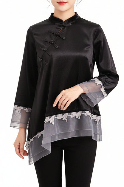 Hanfu moderne - Haut Qipao en Velours Noir Vintage - HanWen Shop