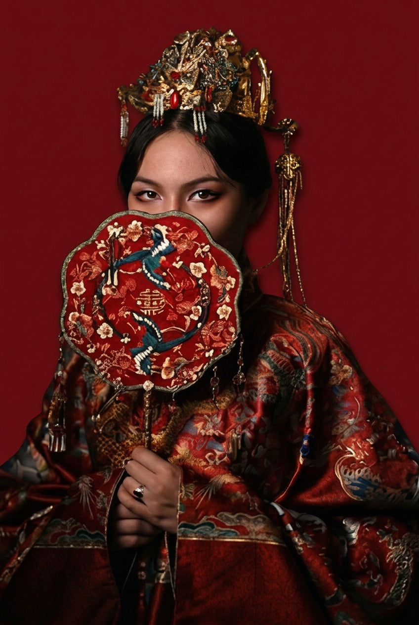 Hanfu veste longue rouge impérial brocart doré de Ming avec sous-vêtement ivoire - HanWen Shop